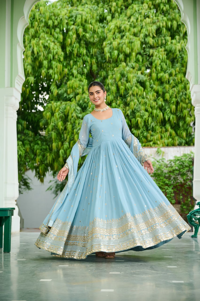 Trendy Sky Blue Color Georgette Embroidery Gown