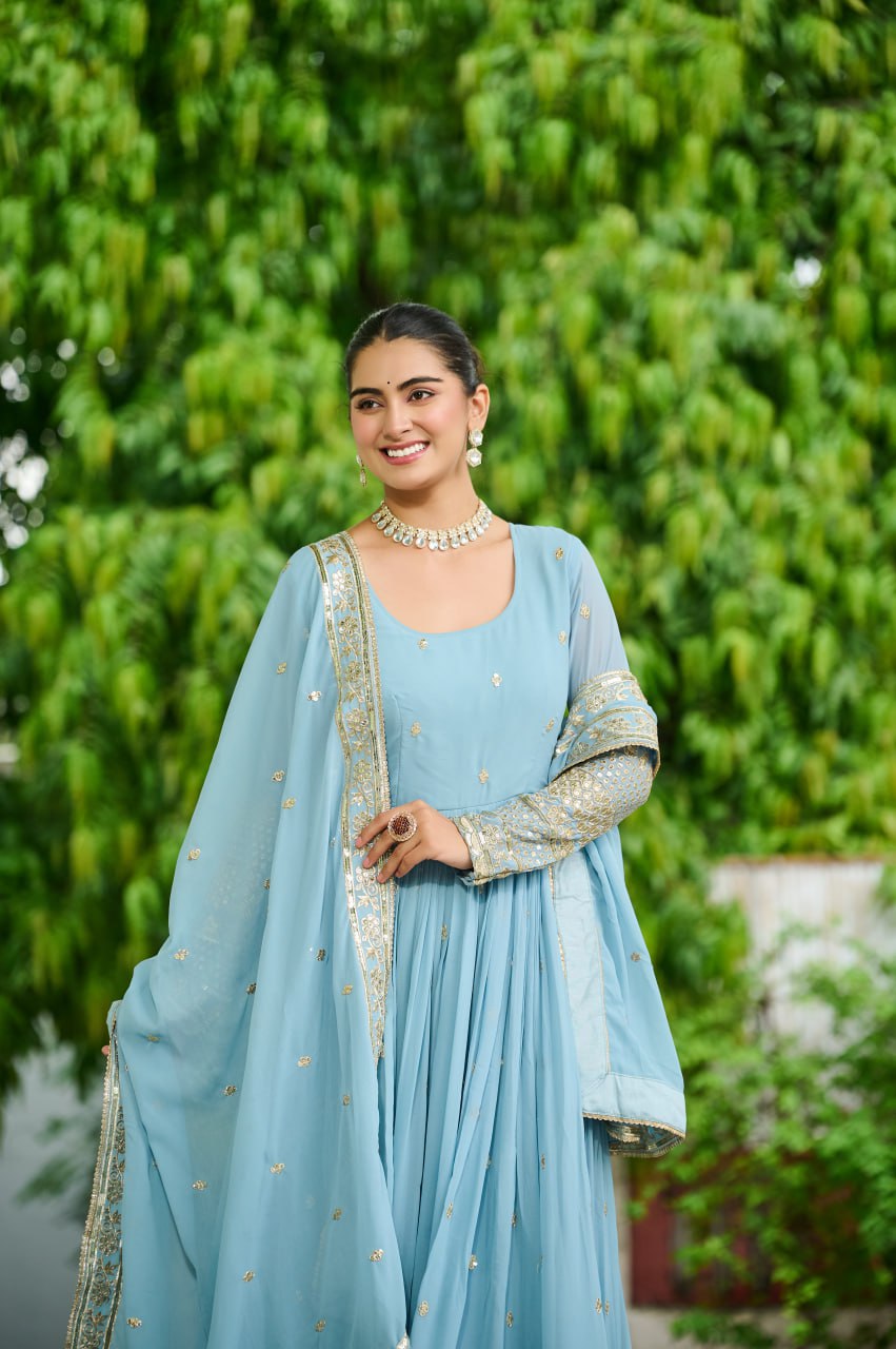 Trendy Sky Blue Color Georgette Embroidery Gown