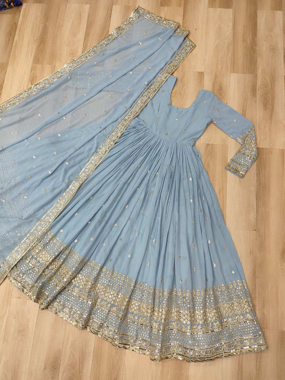 Trendy Sky Blue Color Georgette Embroidery Gown