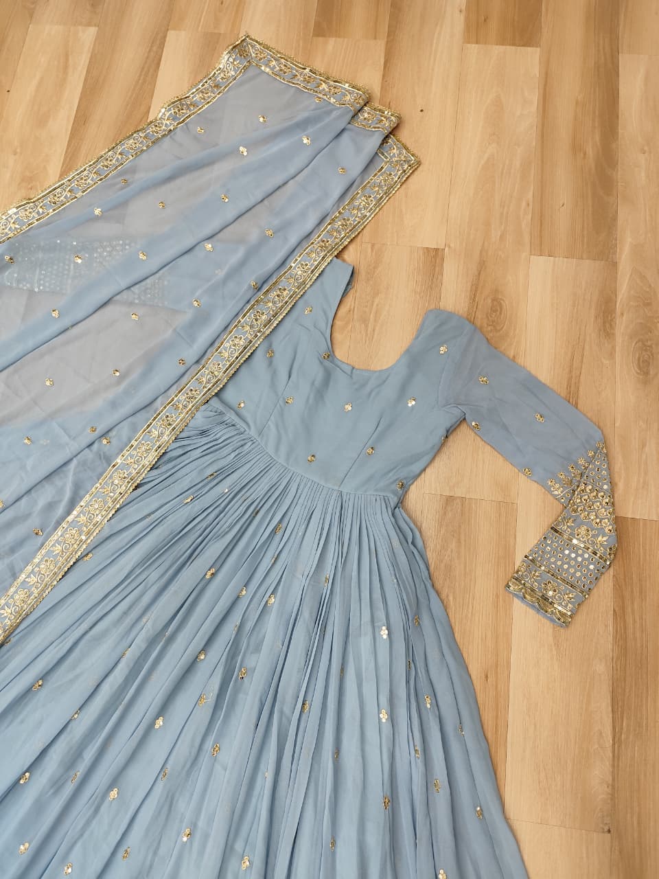 Trendy Sky Blue Color Georgette Embroidery Gown