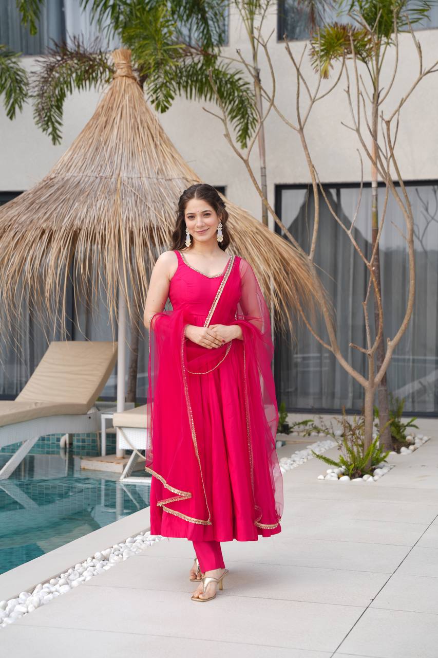 Trendy Maroon Roman Silk Anarkali Work Gown