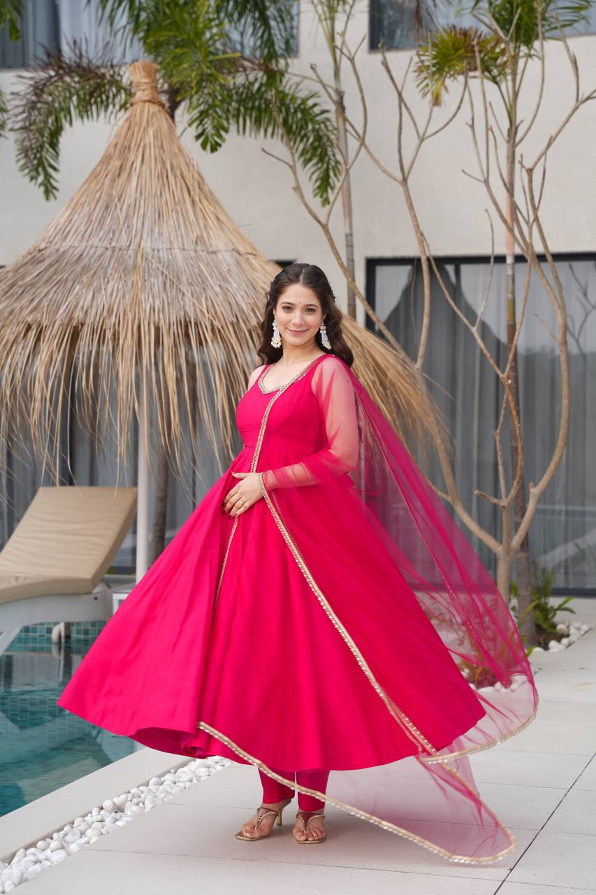 Trendy Maroon Roman Silk Anarkali Work Gown