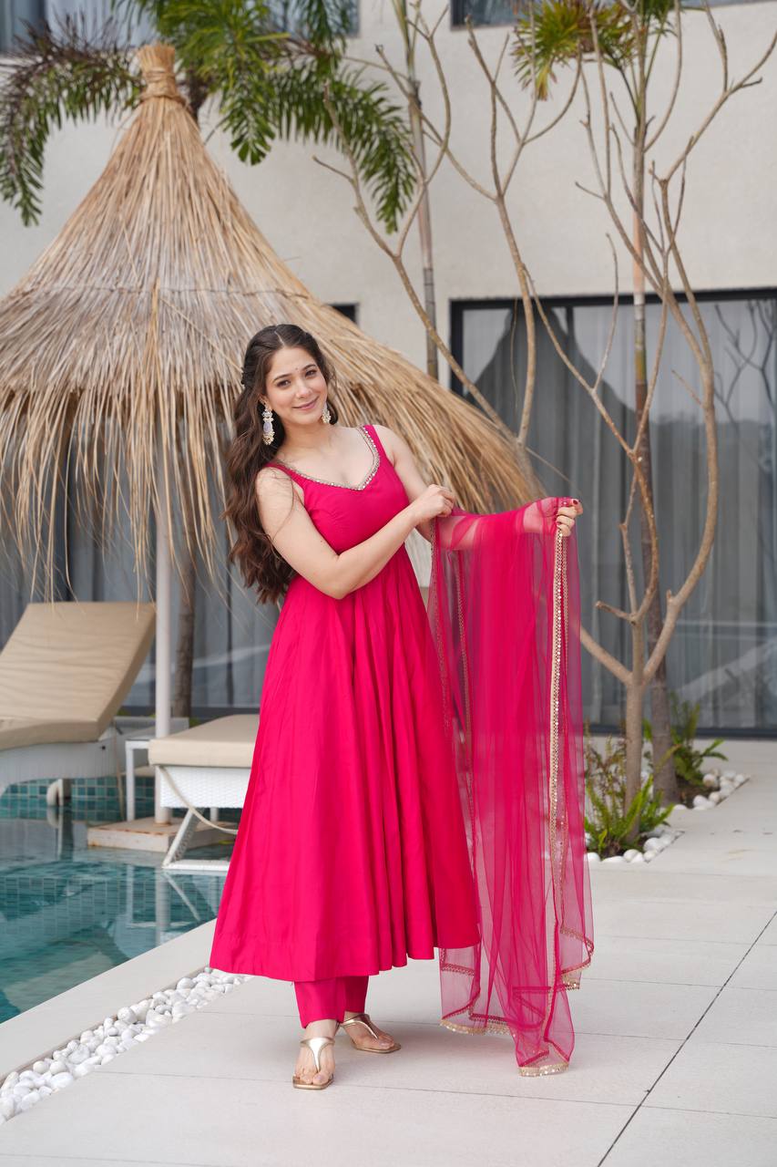 Trendy Maroon Roman Silk Anarkali Work Gown