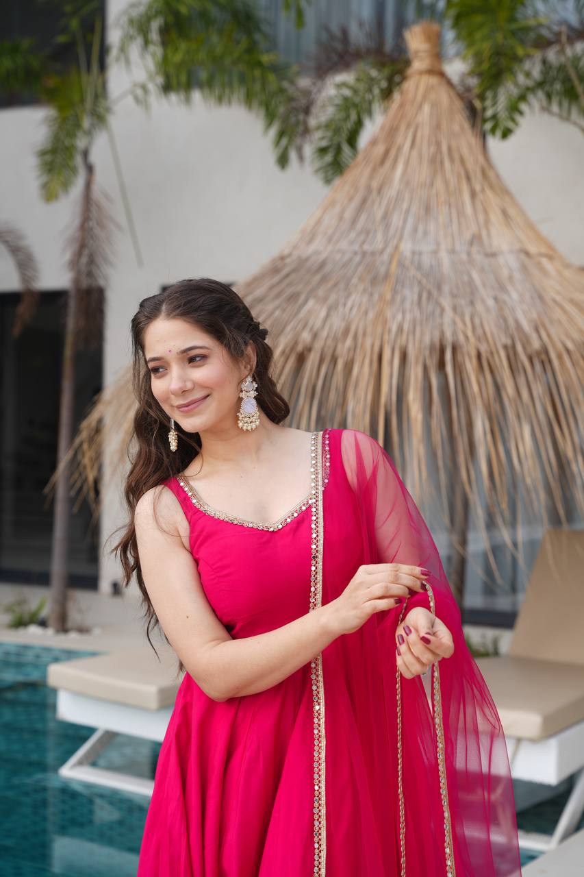 Trendy Maroon Roman Silk Anarkali Work Gown