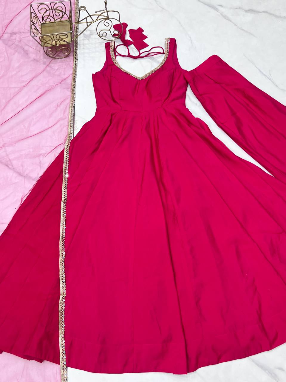 Trendy Maroon Roman Silk Anarkali Work Gown
