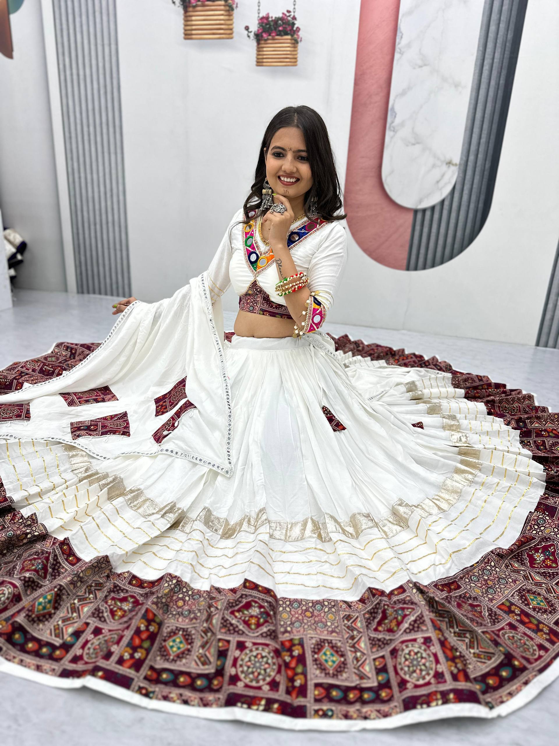 White Color Cotton Real Hand Work Lehenga Choli For Navratri