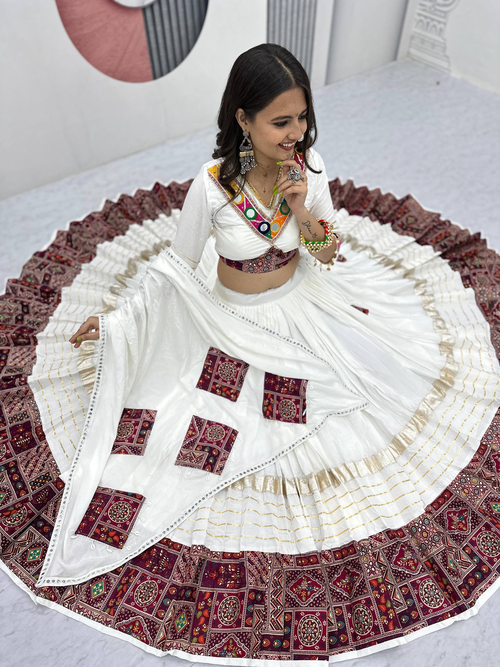 White Color Cotton Real Hand Work Lehenga Choli For Navratri