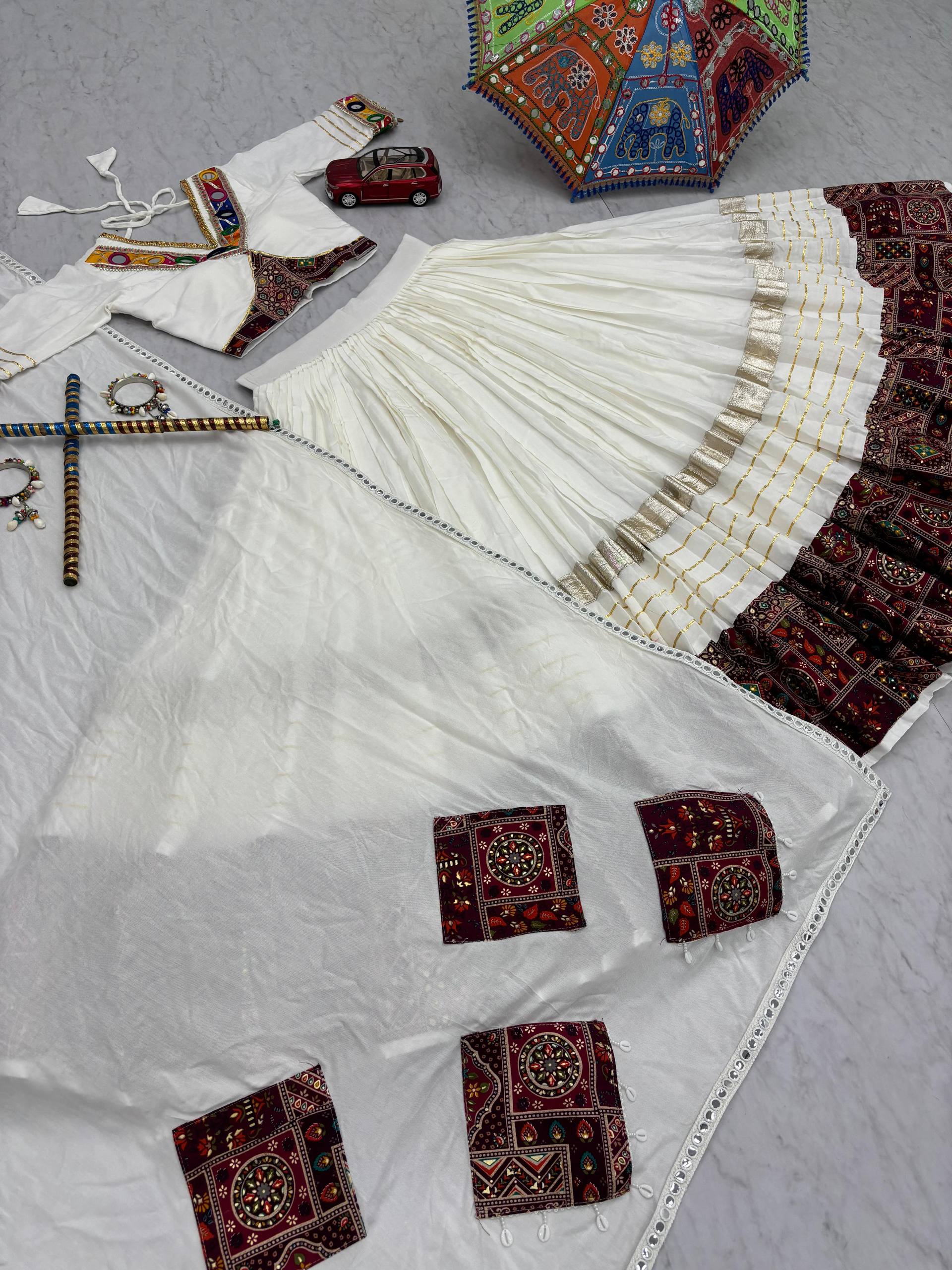 White Color Cotton Real Hand Work Lehenga Choli For Navratri
