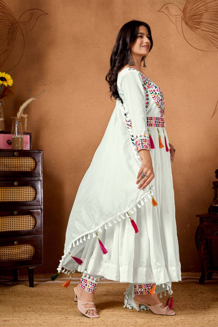 Trendy White Silk Embroidery Work Anarkali Suit