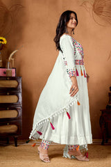 Trendy White Silk Embroidery Work Anarkali Suit