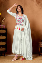 Trendy White Silk Embroidery Work Anarkali Suit