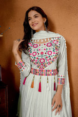 Trendy White Silk Embroidery Work Anarkali Suit