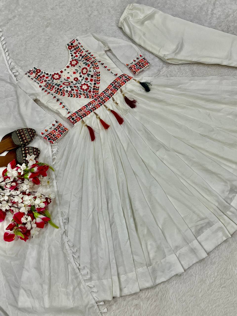 Trendy White Silk Embroidery Work Anarkali Suit