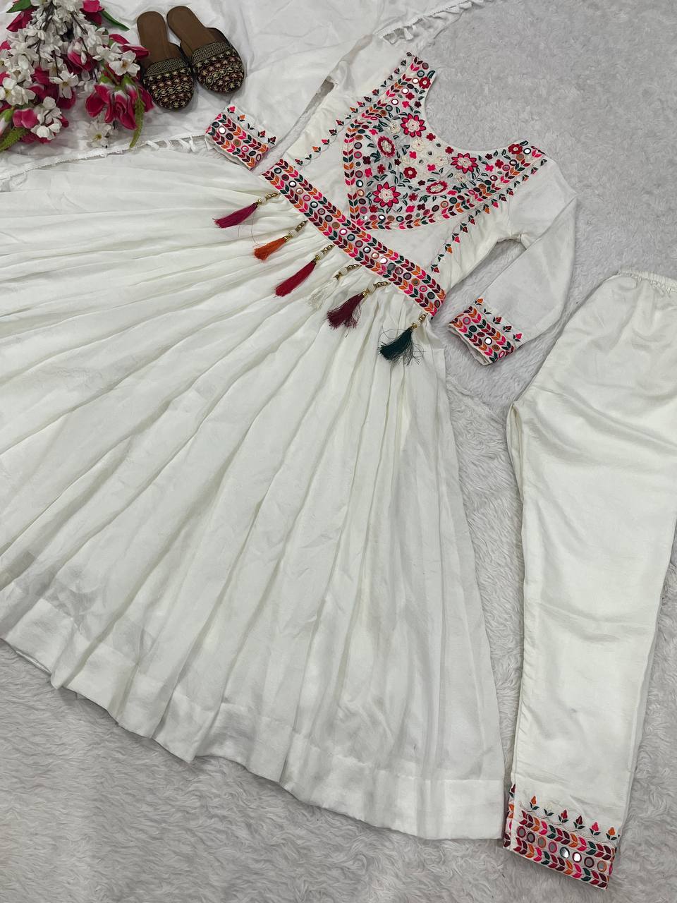 Trendy White Silk Embroidery Work Anarkali Suit