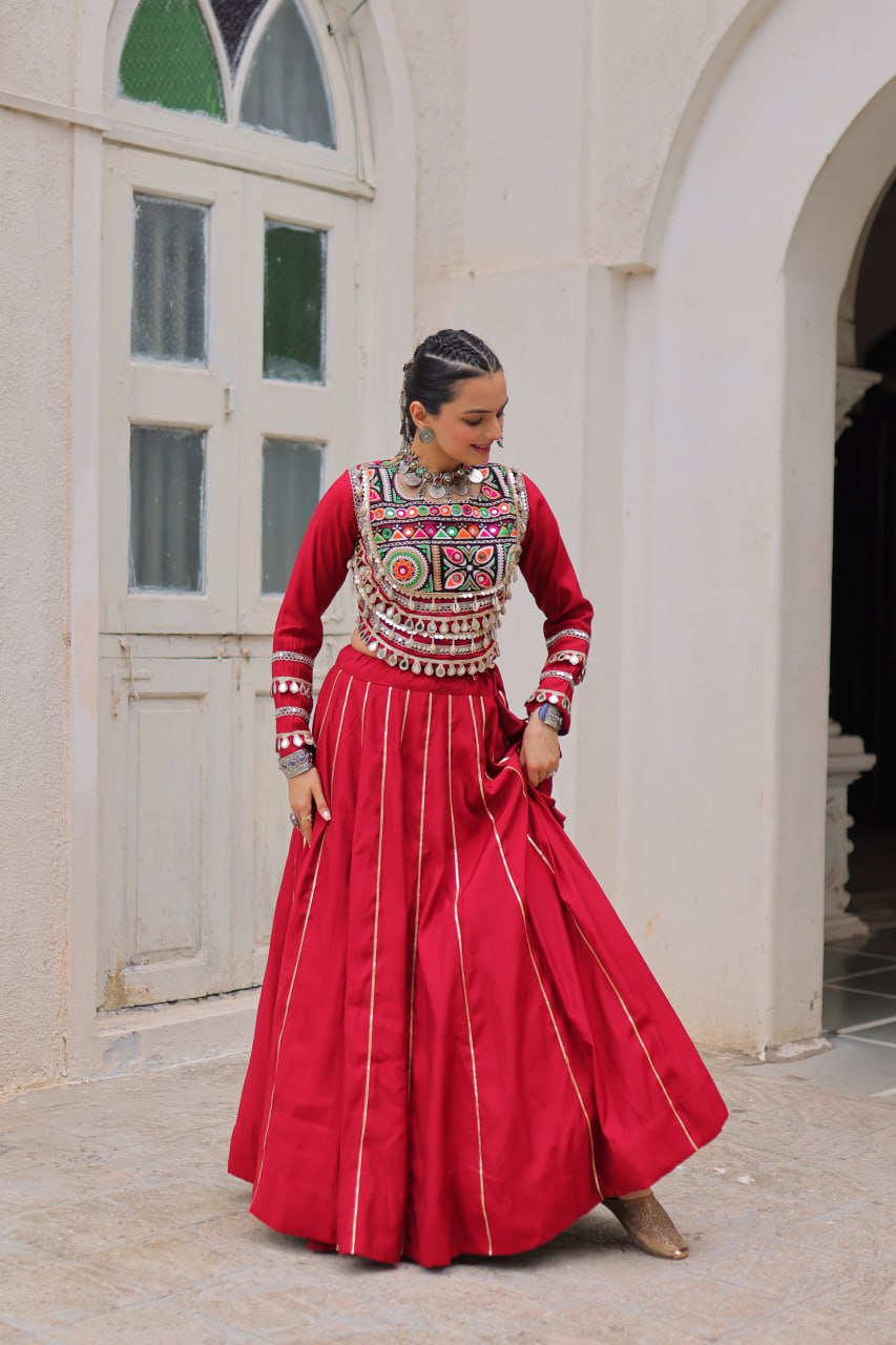 Amazing Maroon Roman Kutchi Gamthi Embroidered Lehenga Choli