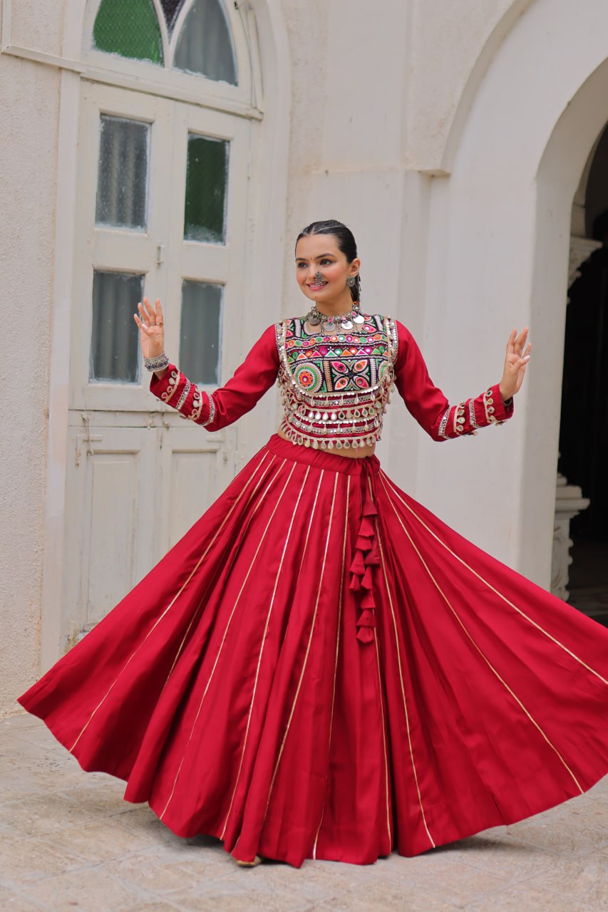 Amazing Maroon Roman Kutchi Gamthi Embroidered Lehenga Choli
