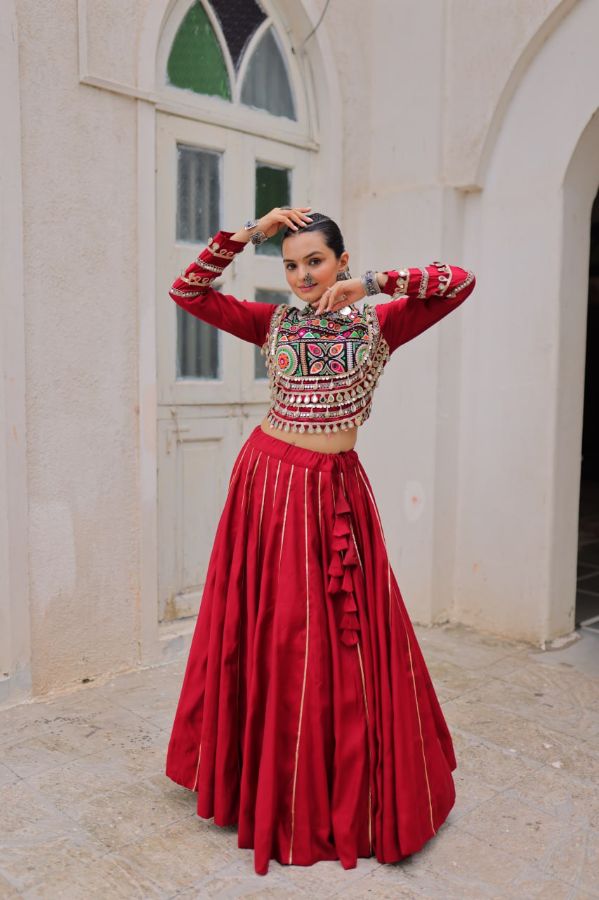 Amazing Maroon Roman Kutchi Gamthi Embroidered Lehenga Choli