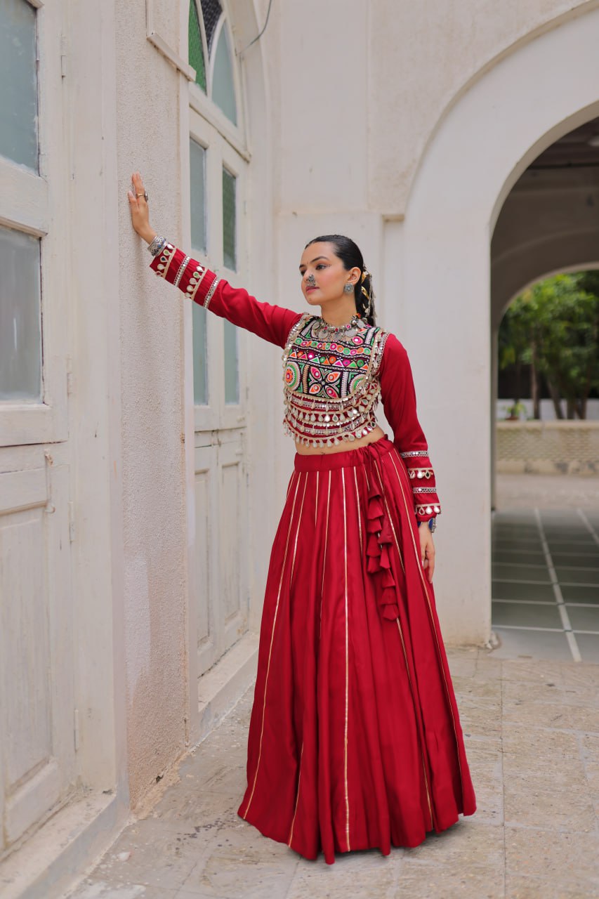 Amazing Maroon Roman Kutchi Gamthi Embroidered Lehenga Choli