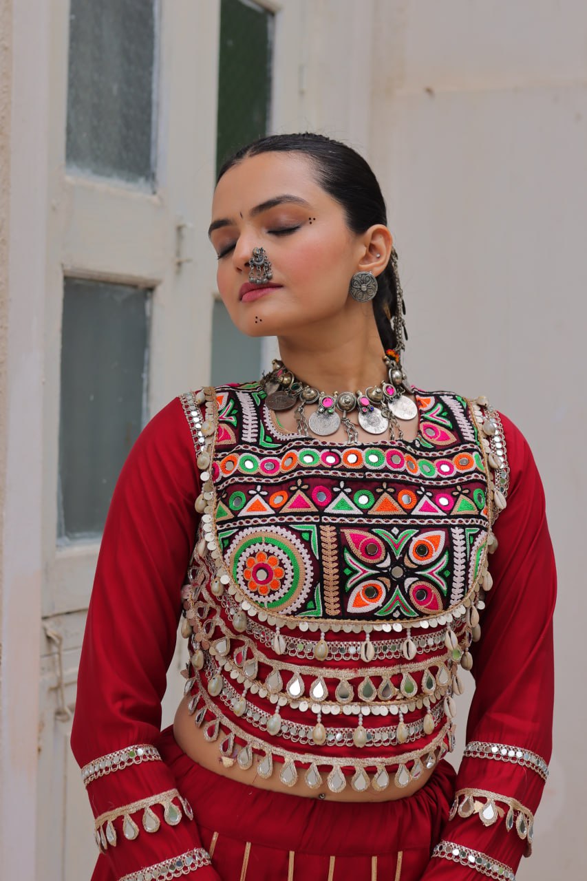 Amazing Maroon Roman Kutchi Gamthi Embroidered Lehenga Choli
