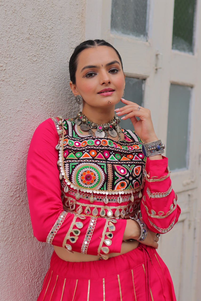 Amazing Maroon Roman Kutchi Gamthi Embroidered Lehenga Choli