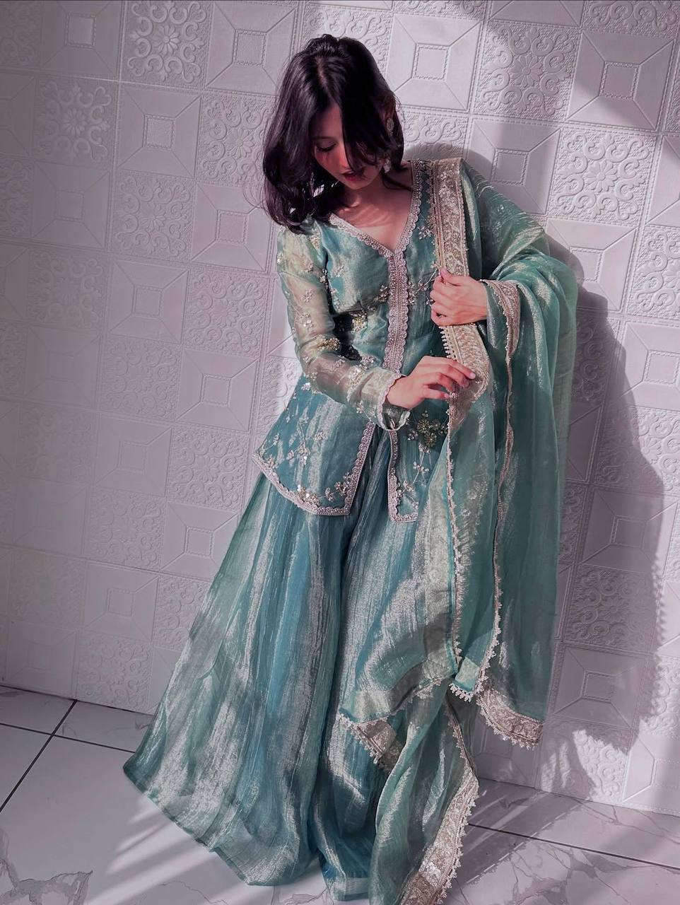 Alluring Green Color Silk With Sequins Work Sharara Suit