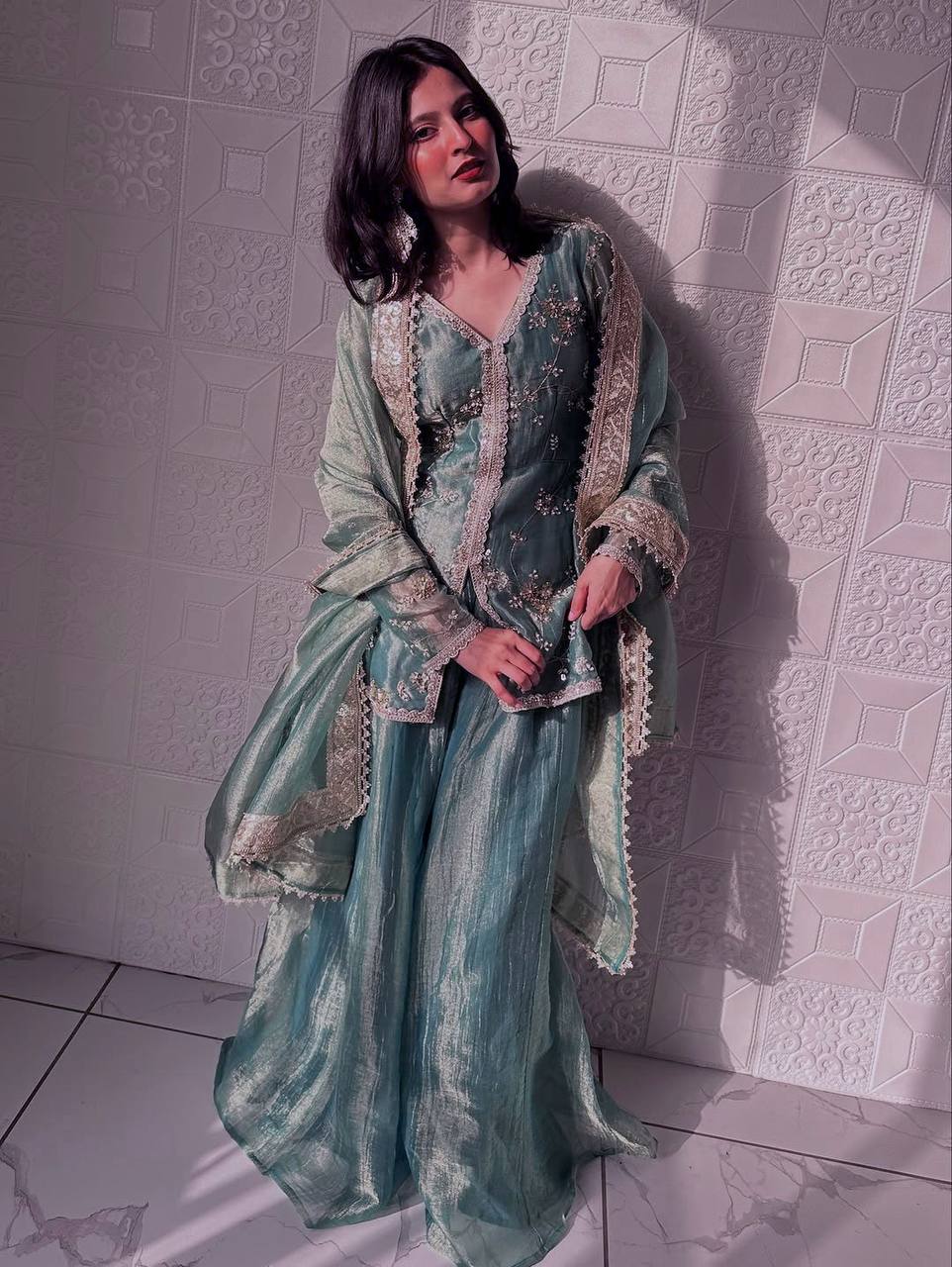 Alluring Green Color Silk With Sequins Work Sharara Suit