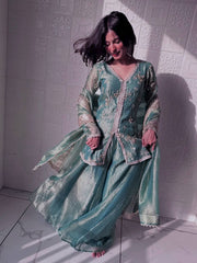 Alluring Green Color Silk With Sequins Work Sharara Suit