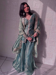 Alluring Green Color Silk With Sequins Work Sharara Suit