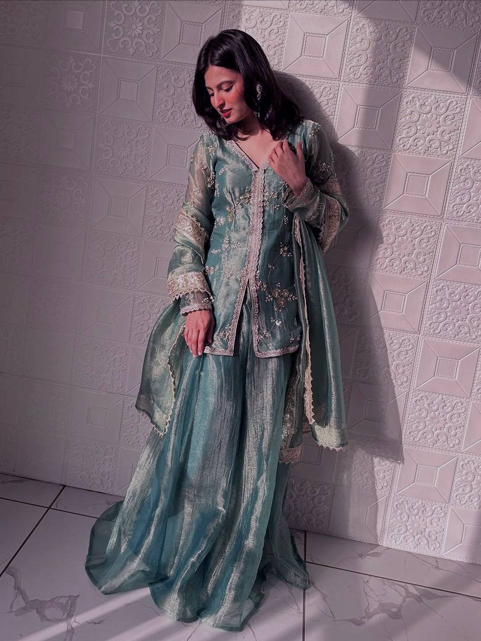 Alluring Green Color Silk With Sequins Work Sharara Suit