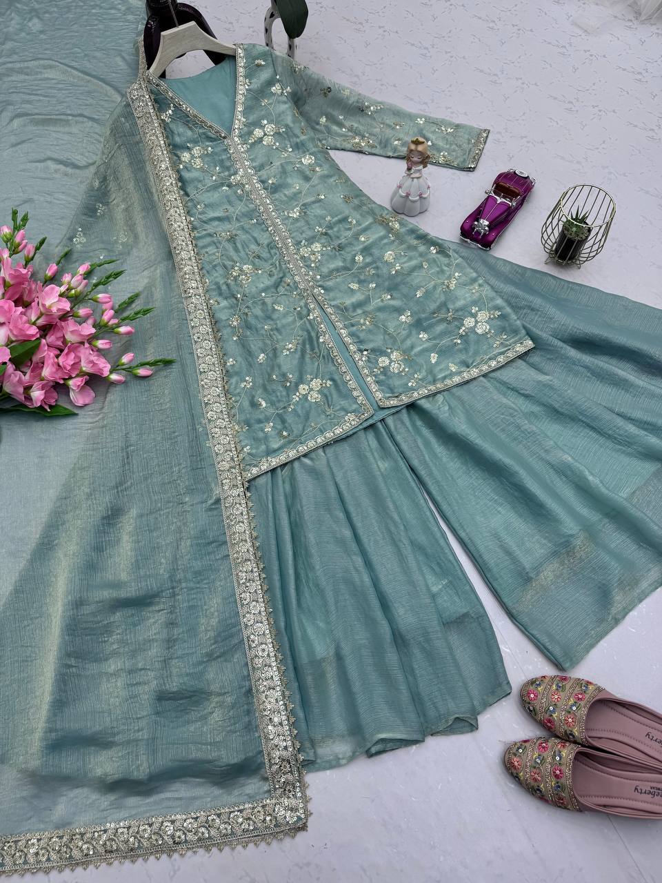Alluring Green Color Silk With Sequins Work Sharara Suit