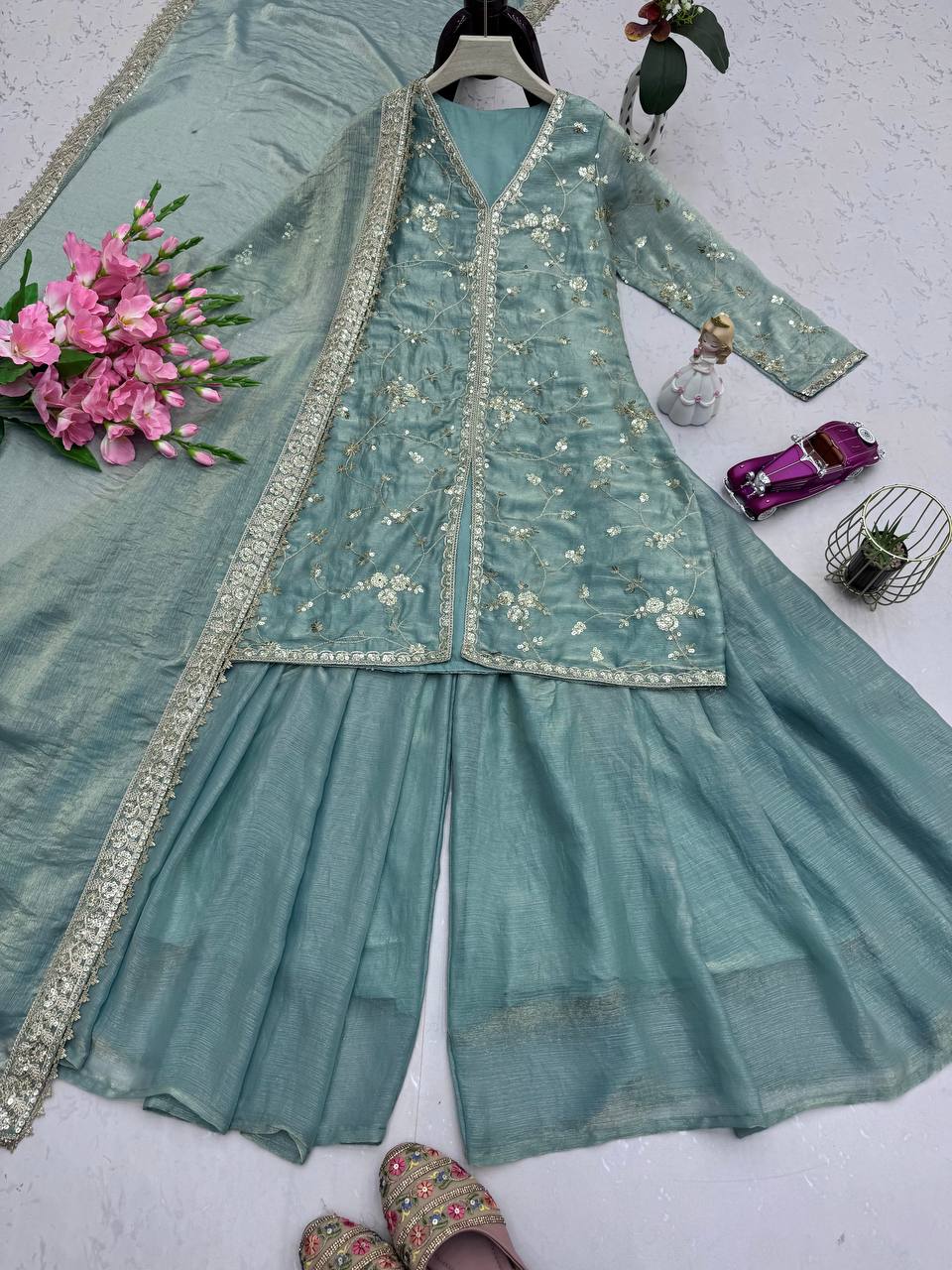 Alluring Green Color Silk With Sequins Work Sharara Suit