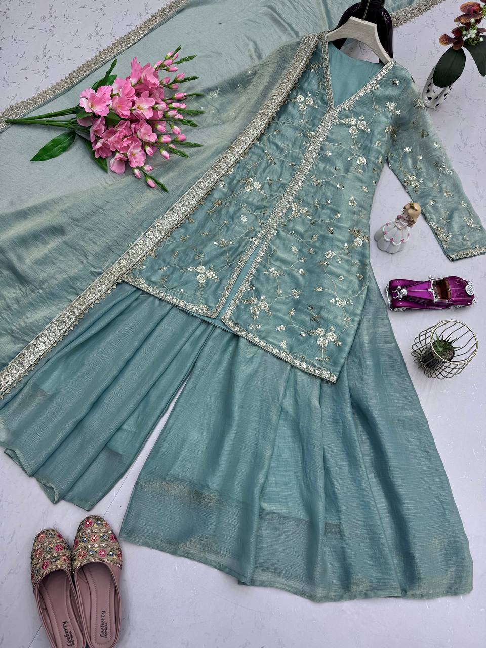 Alluring Green Color Silk With Sequins Work Sharara Suit