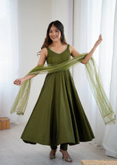 Attractive Mehndi Color Roman Silk Anarkali Suit