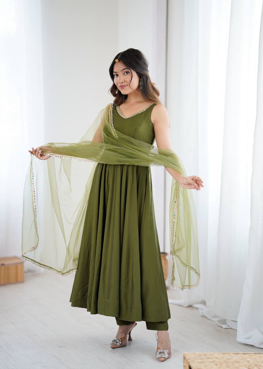 Attractive Mehndi Color Roman Silk Anarkali Suit