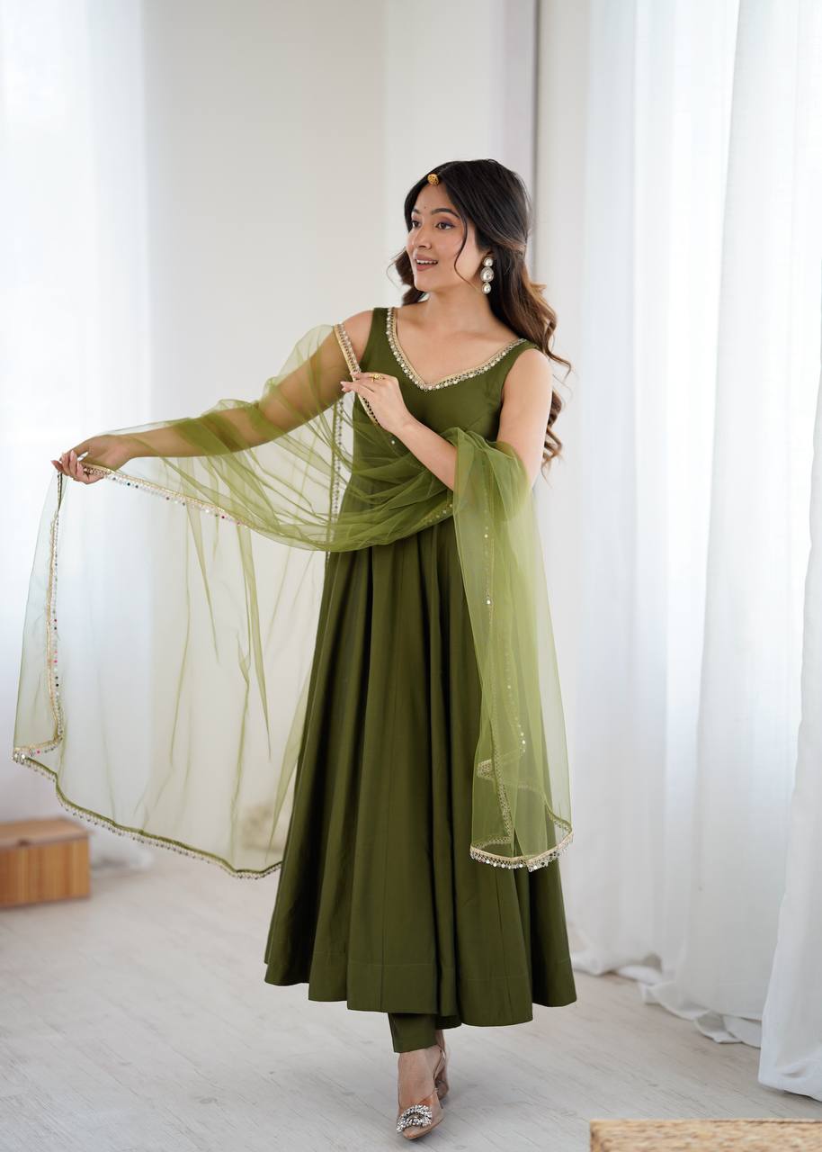Attractive Mehndi Color Roman Silk Anarkali Suit