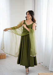 Attractive Mehndi Color Roman Silk Anarkali Suit