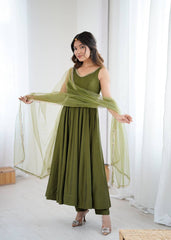 Attractive Mehndi Color Roman Silk Anarkali Suit