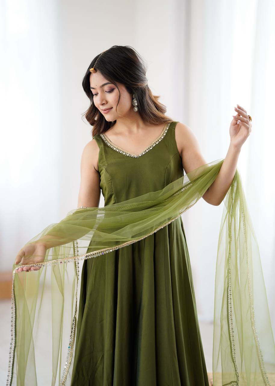 Attractive Mehndi Color Roman Silk Anarkali Suit