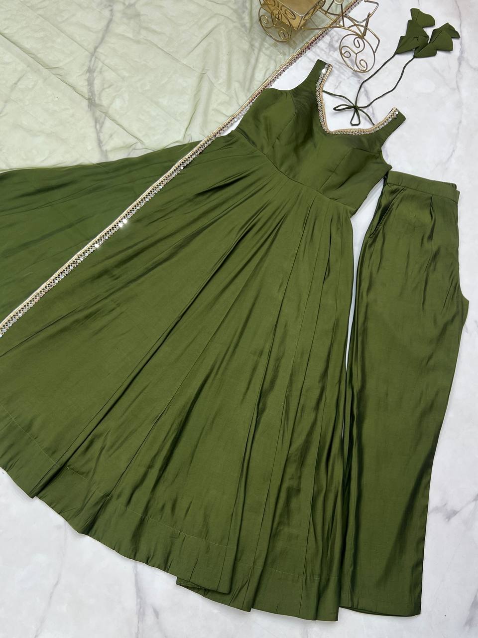 Attractive Mehndi Color Roman Silk Anarkali Suit
