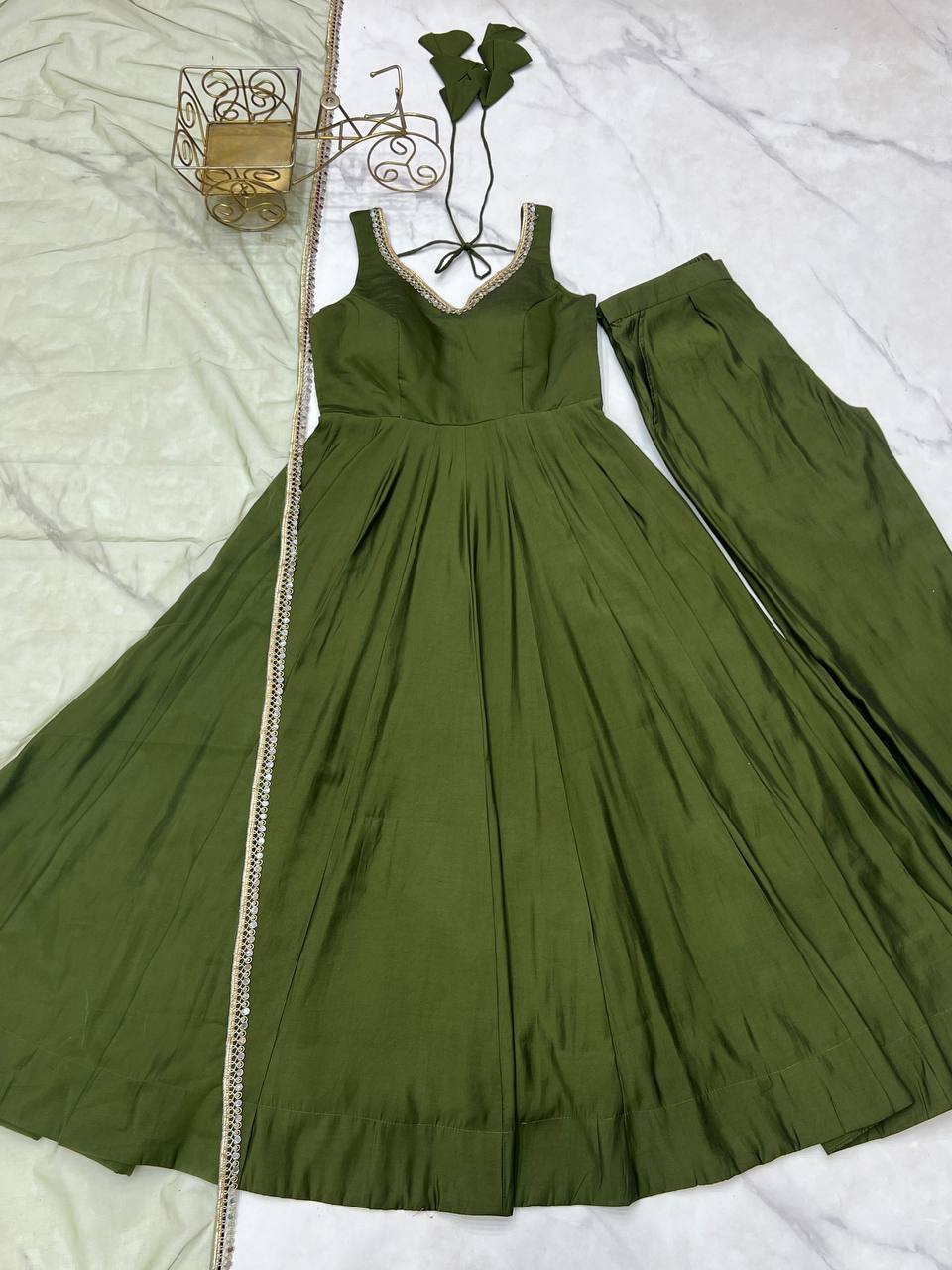 Attractive Mehndi Color Roman Silk Anarkali Suit