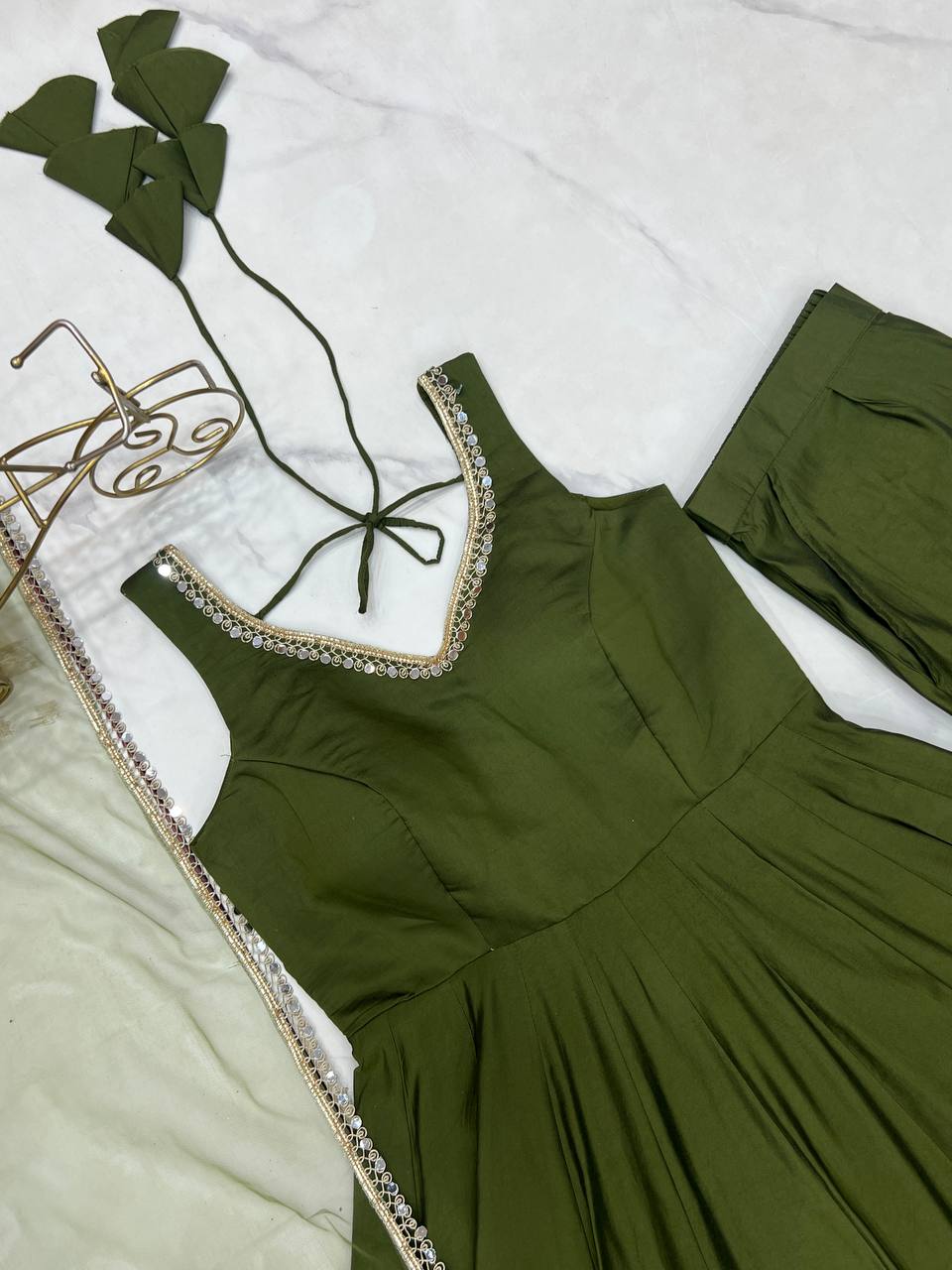 Attractive Mehndi Color Roman Silk Anarkali Suit
