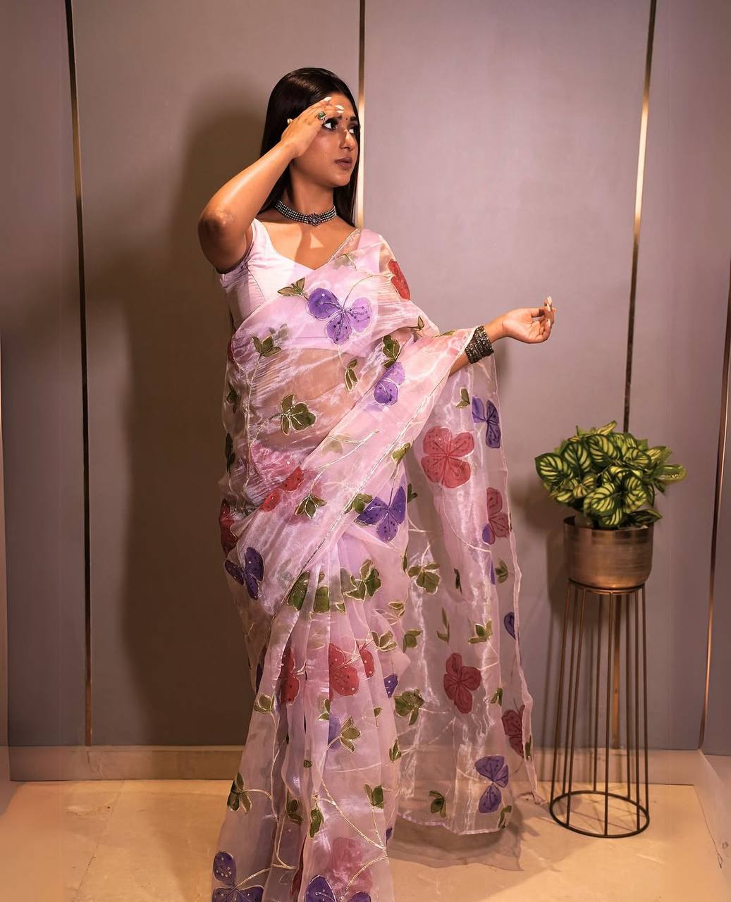 Designer Lavender Color Sequence Work Organza Saree