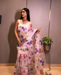 Designer Lavender Color Sequence Work Organza Saree