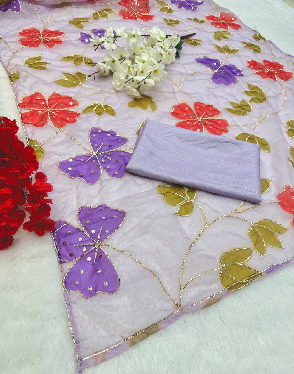 Designer Lavender Color Sequence Work Organza Saree