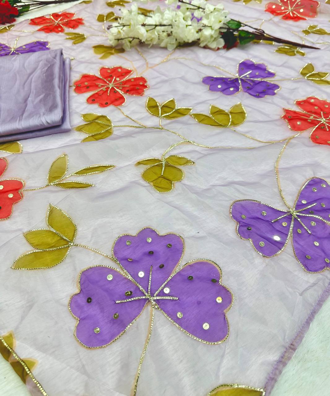 Designer Lavender Color Sequence Work Organza Saree