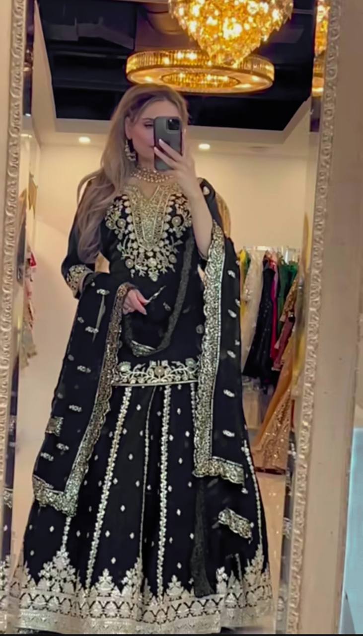 Glorious Black Color  Embroidery Work Top With Lehenga