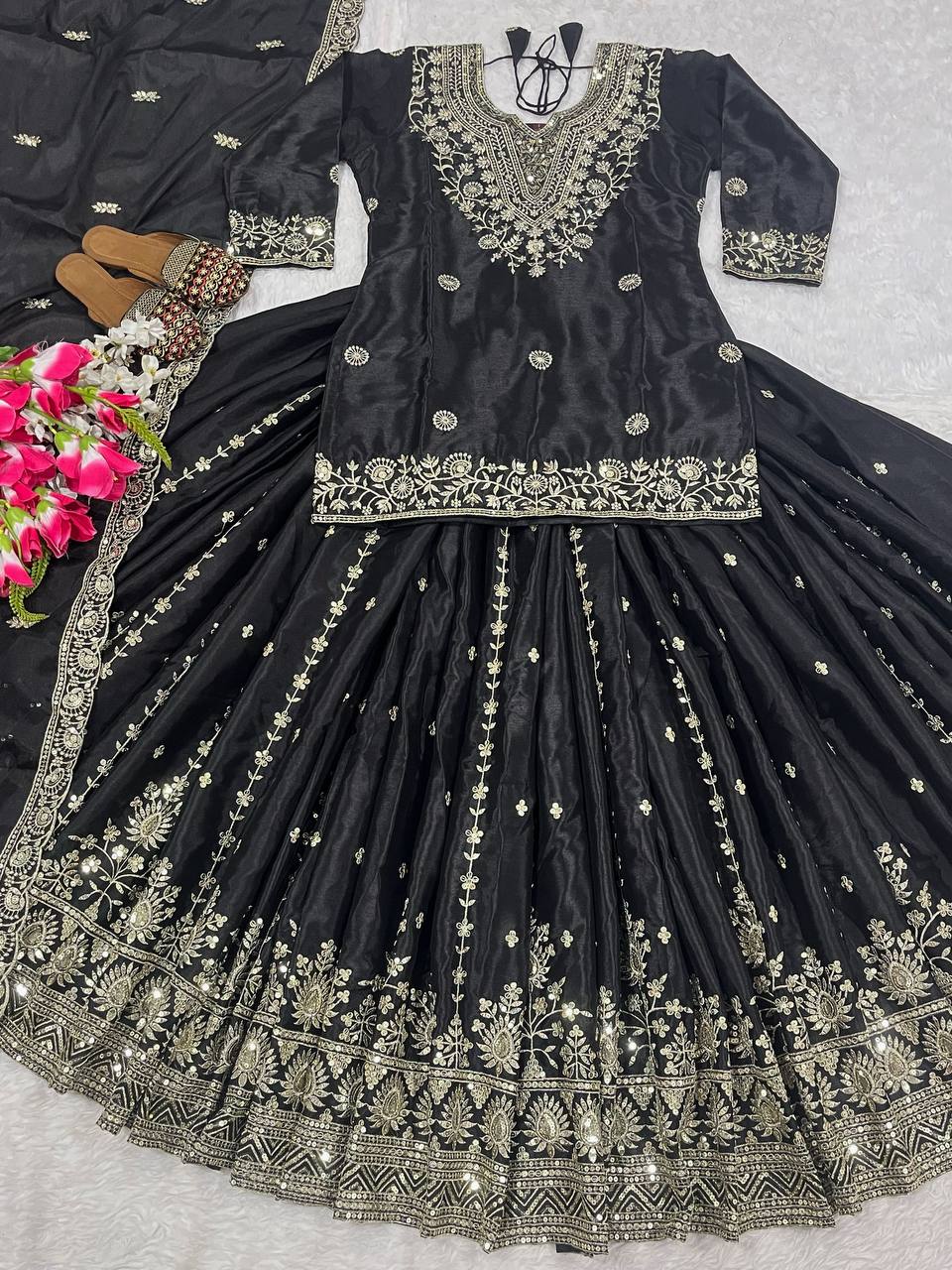 Glorious Black Color  Embroidery Work Top With Lehenga