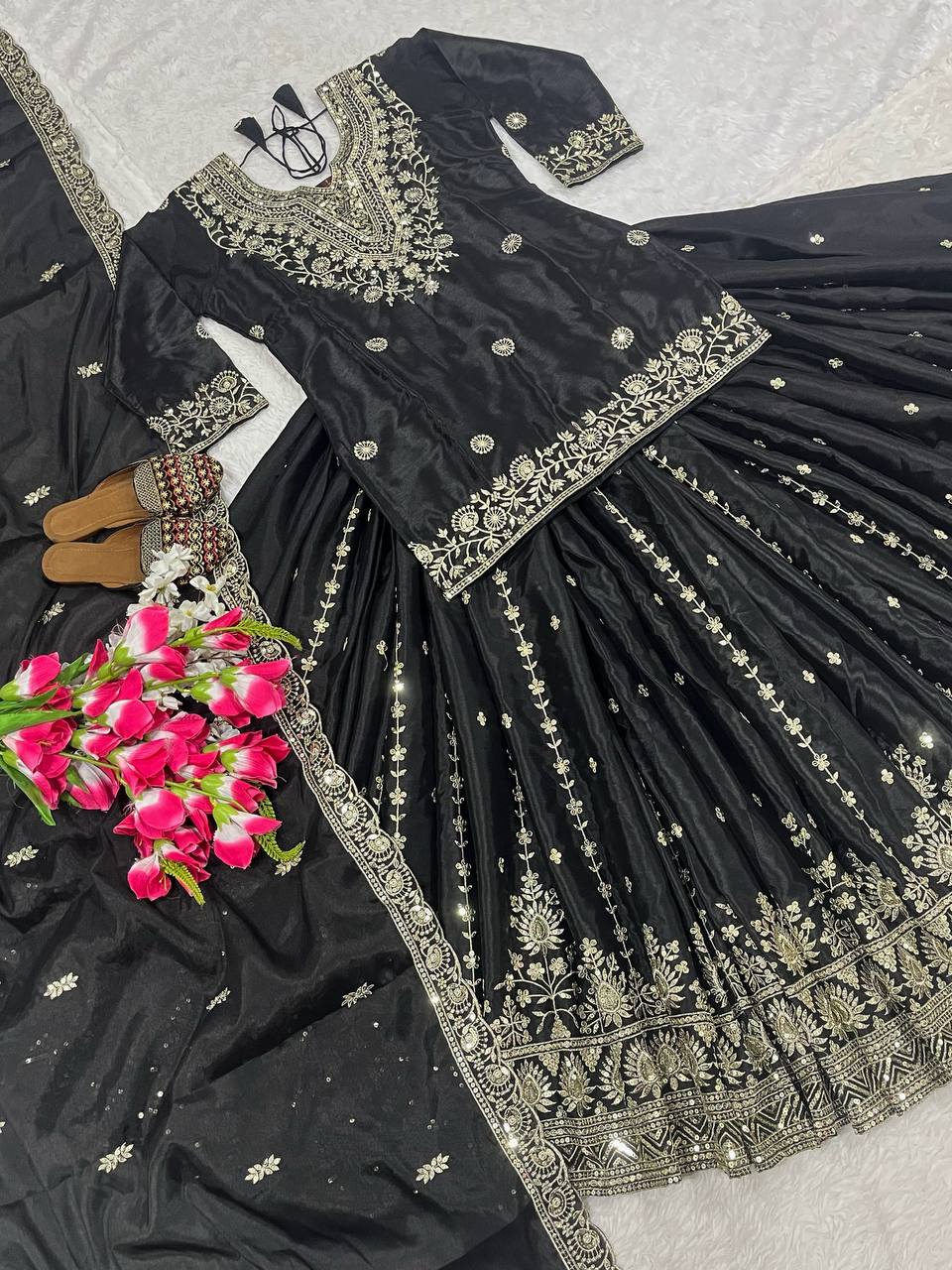 Glorious Black Color  Embroidery Work Top With Lehenga