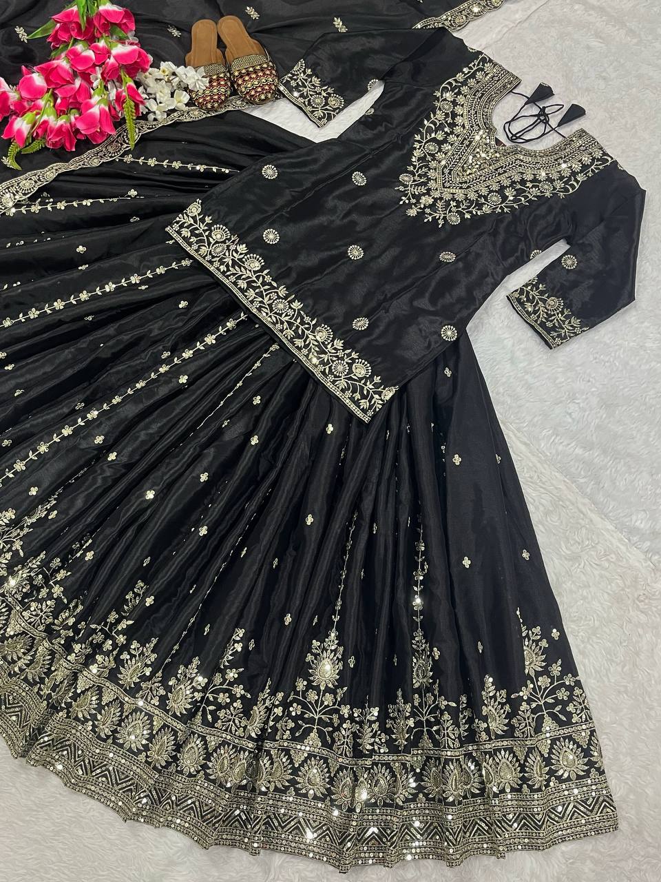 Glorious Black Color  Embroidery Work Top With Lehenga