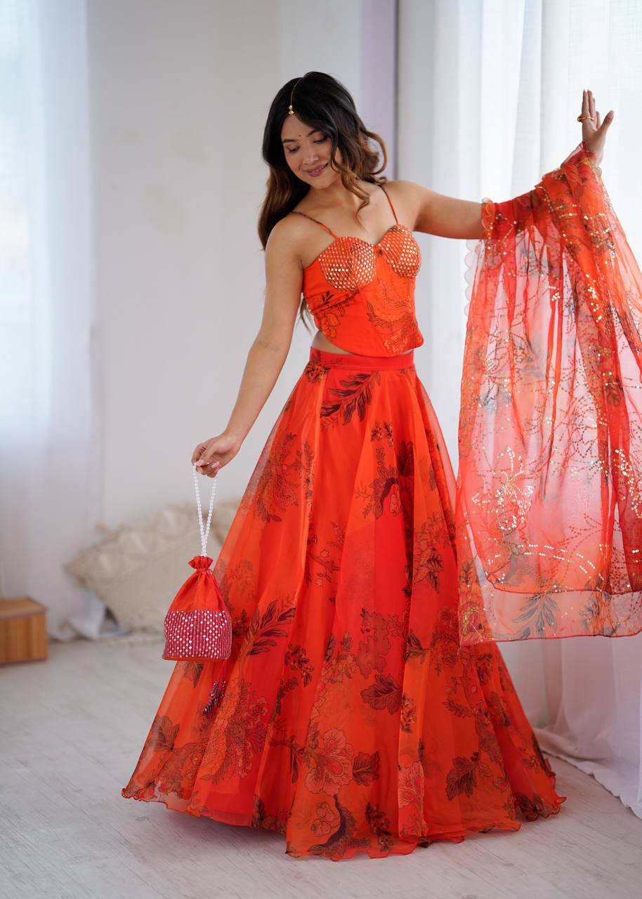 Trendy Orange Color Sequence Work Lehenga Choli
